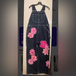 Free People Rialto Jean Project Pink Floral Patch Oversized Jean Overalls Large